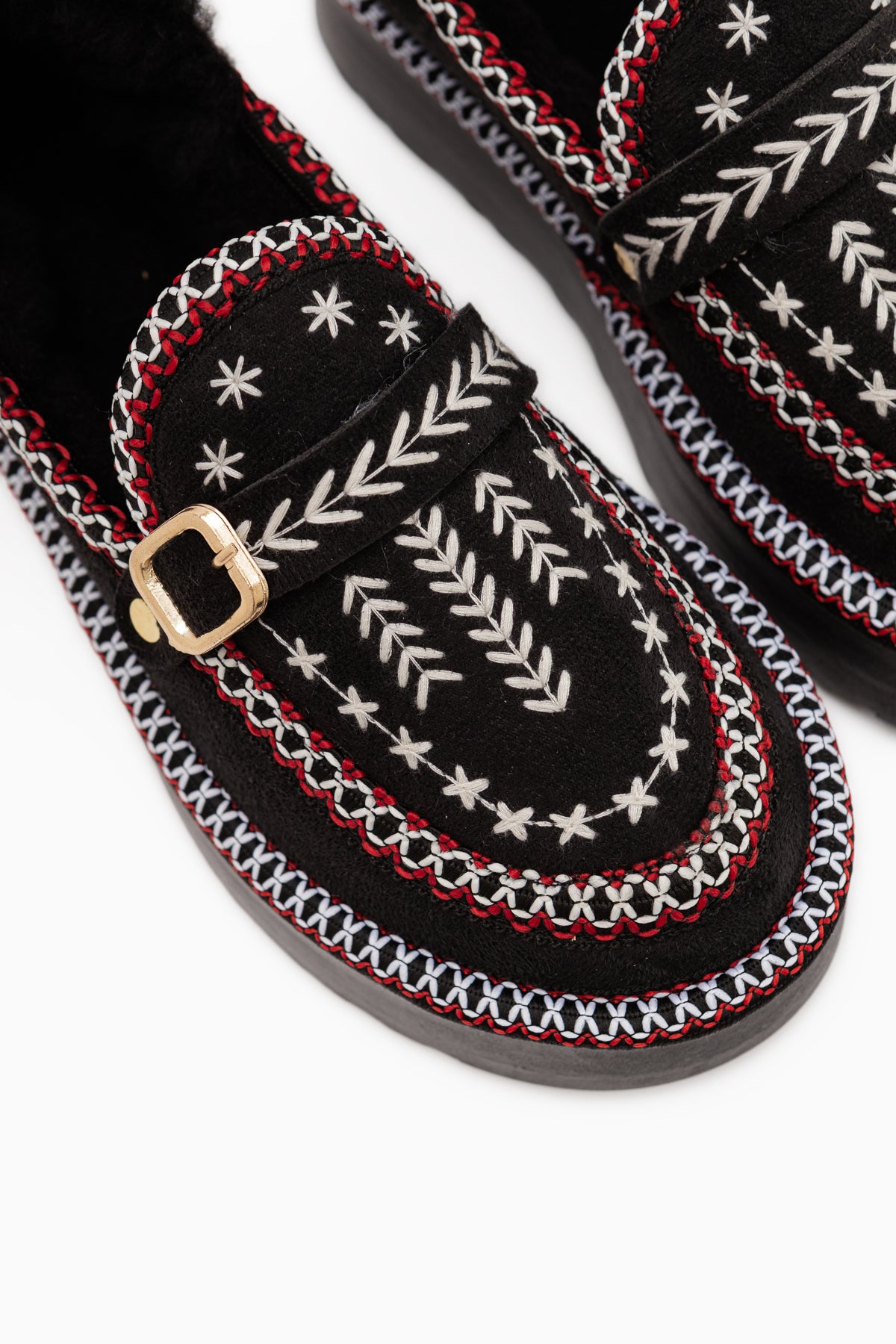 Lexi Black Suede Embroidered Buckled Fur Women’s Shoes