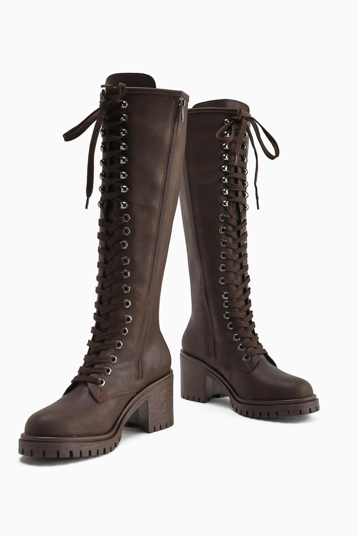 Bella Brown Lace-Up and Zippered Oval-Toed Heeled Women's Boot