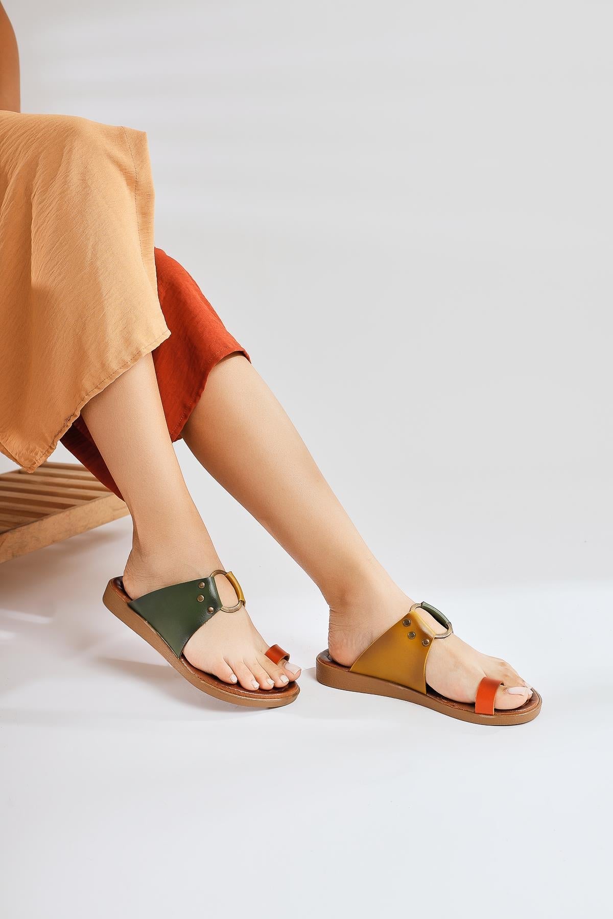 Bitania Khaki Genuine Leather Thong Sandals