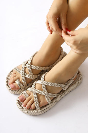 Anais Beige Thick-Soled Cross-Strap Rope Sandal