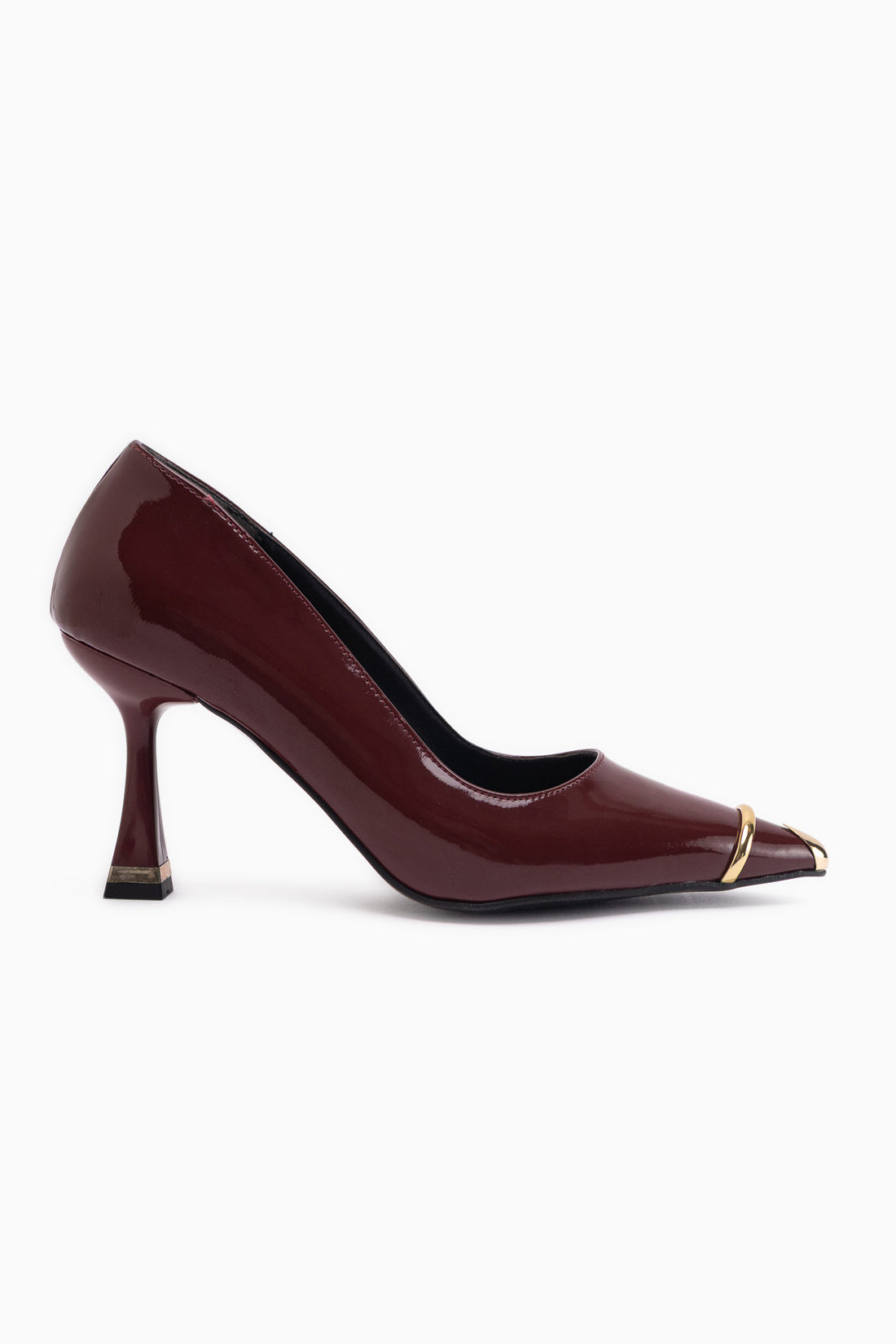 Lelia Burgundy Patent Leather Metal Tip Detailed Women’s Heeled Shoes