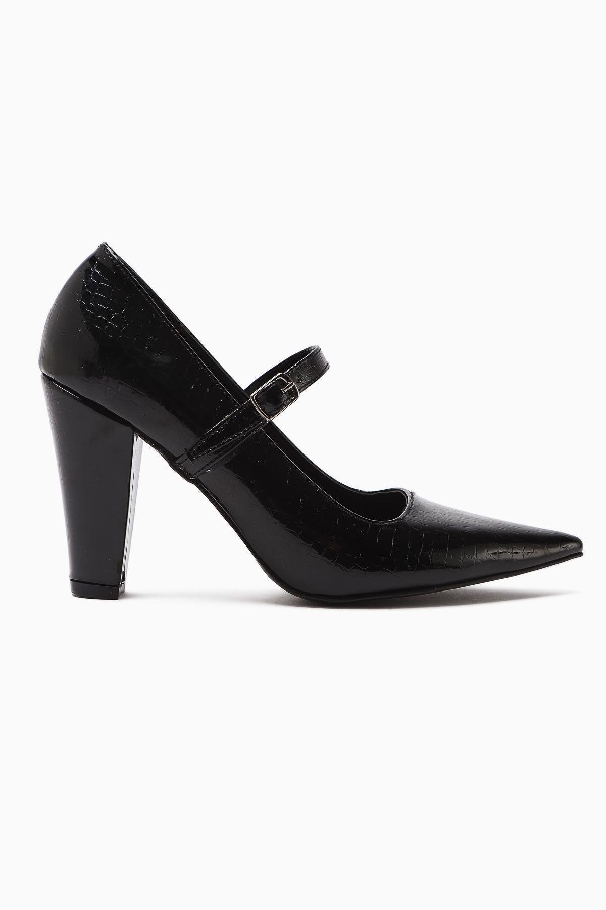 Beate Black Crocodile Leather Print Pointed Toe Heeled Shoes Women’s