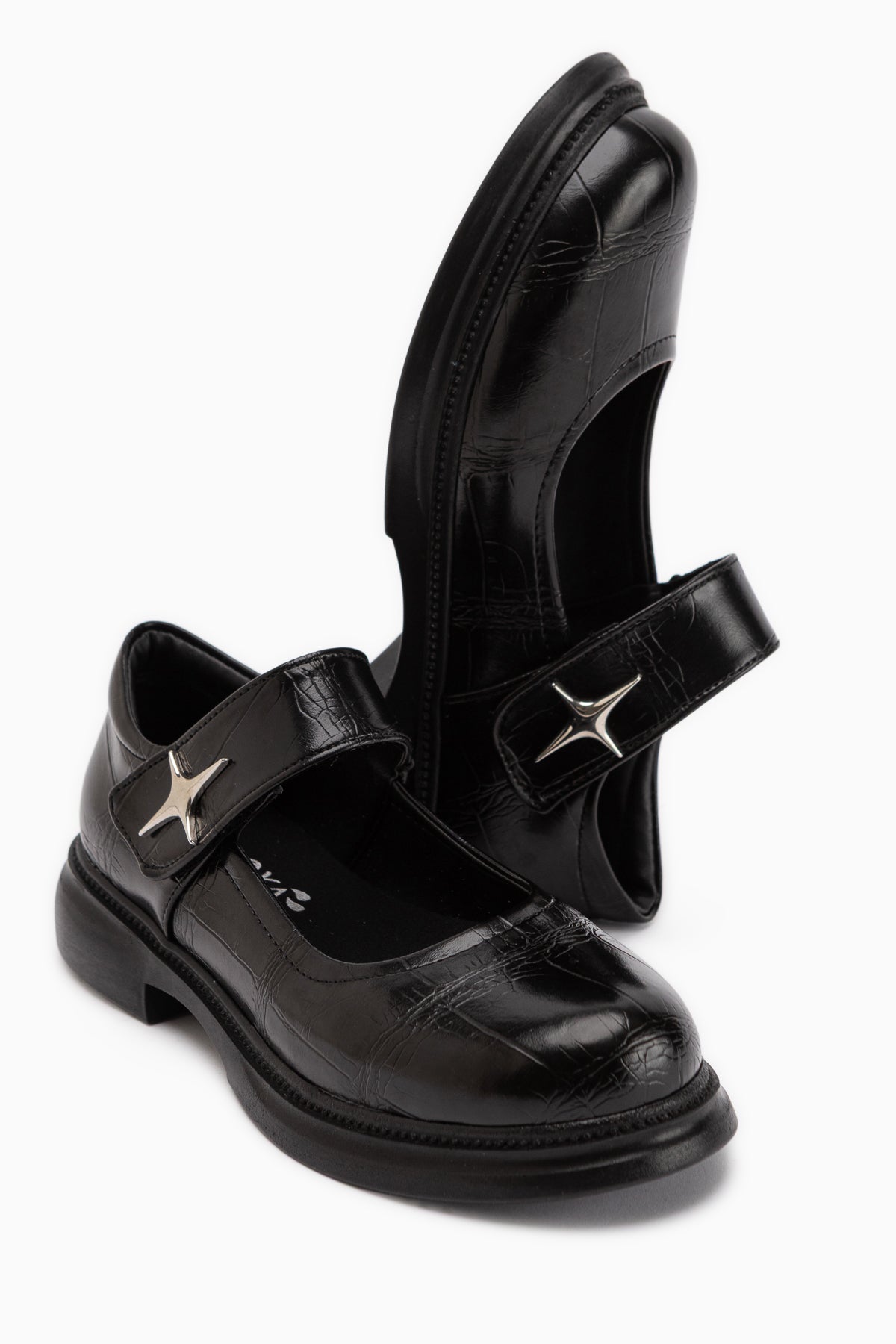 Rozalin Black Crocodile Strap Thick Sole Women’s Mary Jane Ballet Flats