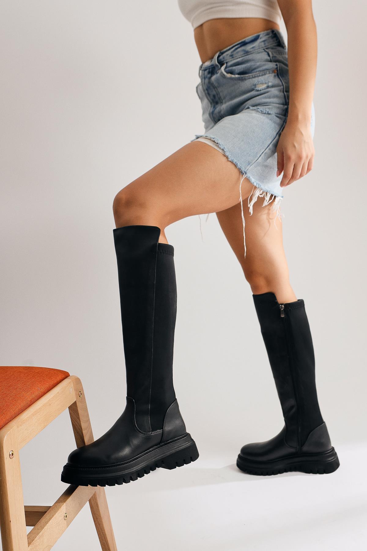 Latoya Black Boot with Stretch Detail