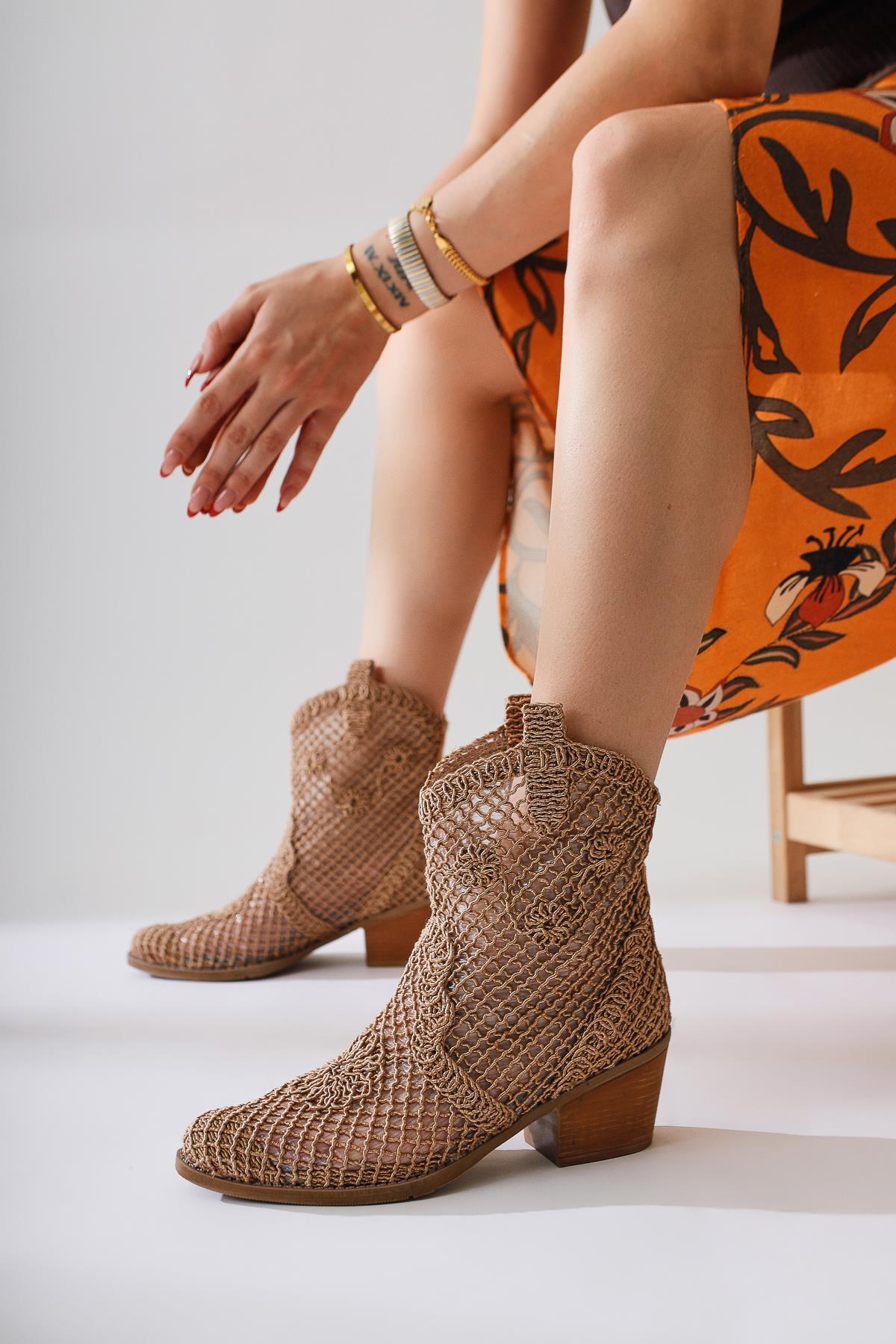 Tersa – Taupe Short-Shaft Woven Lace Floral-Detail Cowboy Summer Boot (Women)