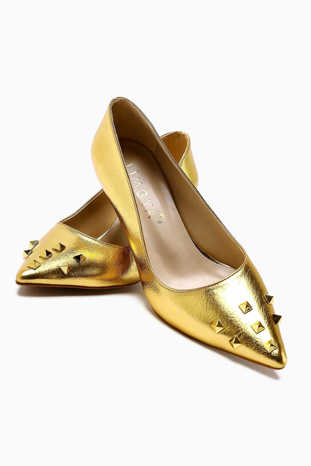 Anni – Gold Shiny Crinkled Patent Pyramid-Studded Heeled Shoe (Women)