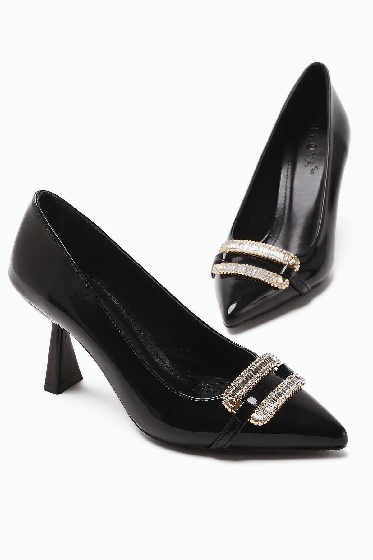 Ania Black Patent Pointed Toe Women's Heels with Rhinestone Buckle Detail