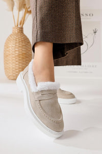 Tommie Genuine Leather – Beige Suede Fur-Lined Casual Shoe (Women)