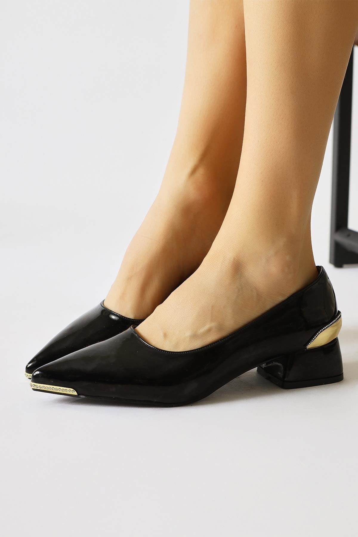 Alica Black Patent Leather Pointed Toe Pumps with Gem Details