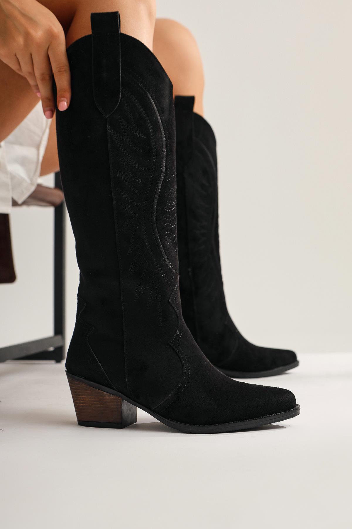 Hero Black Suede Embroidered Cowboy Boot