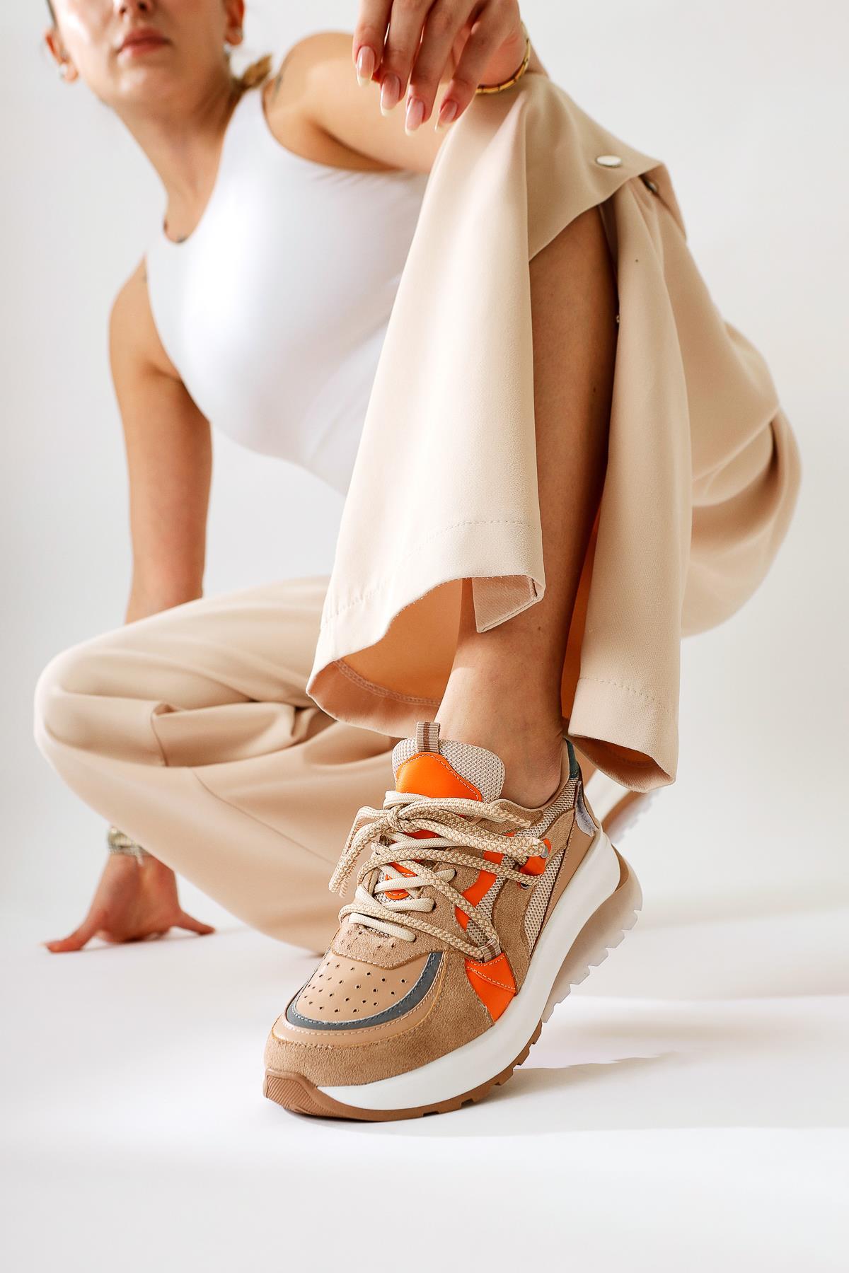 Takako Beige Suede-Leather Lace-Up Sport Shoes