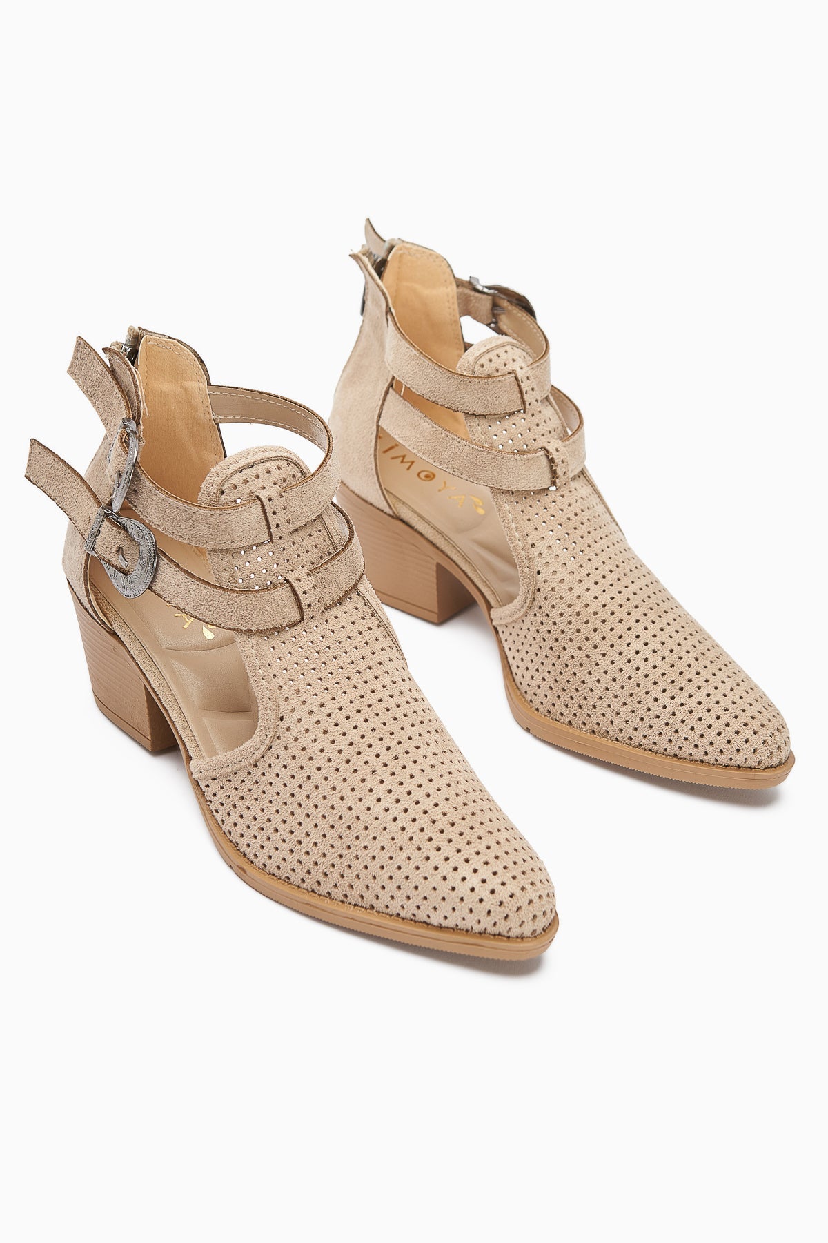 Carin Beige Suede Women's Summer Boots with Buckle Detail and Back Zipper