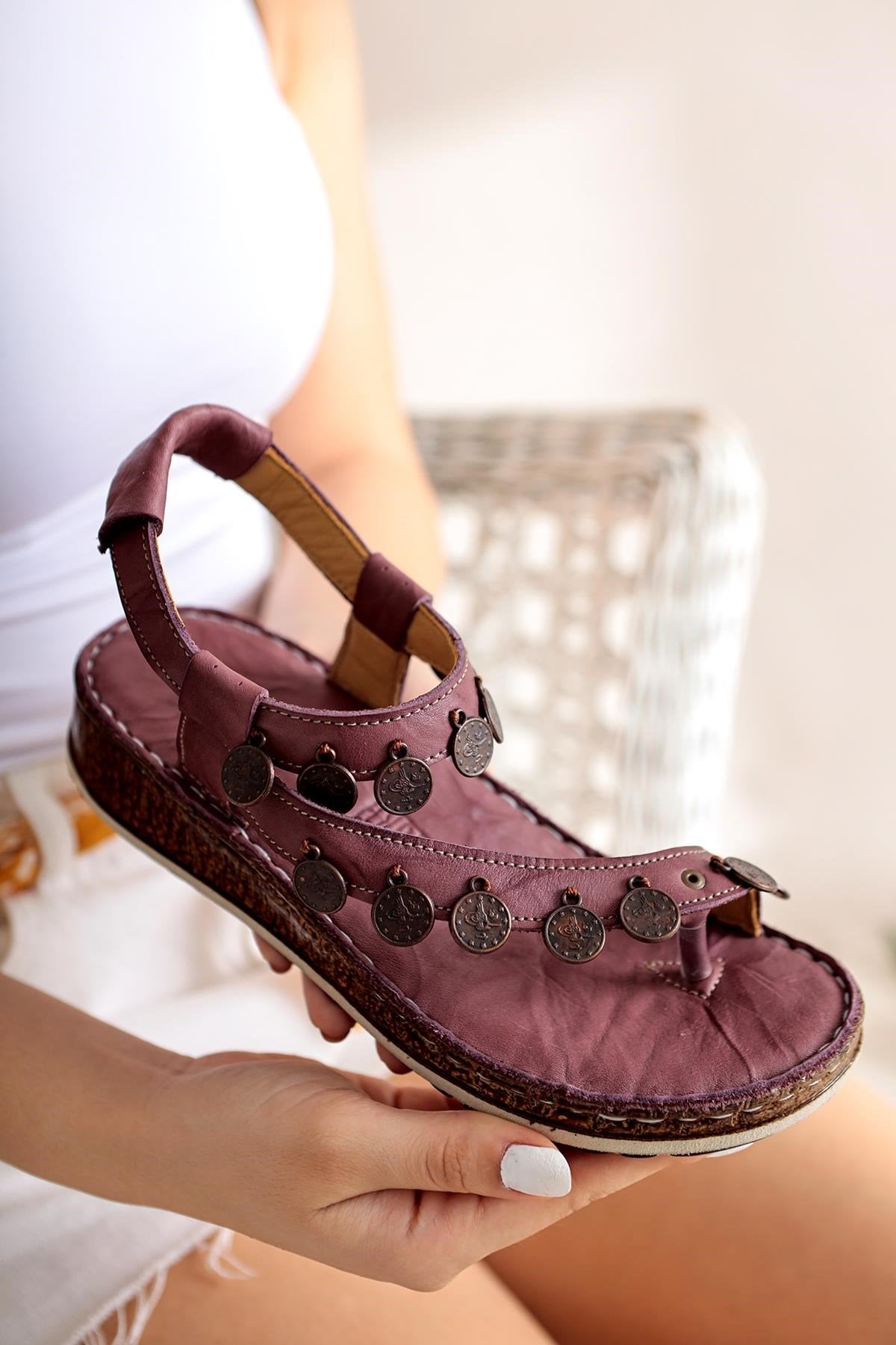 Lilah Antique-Detailed Burgundy Sandals in Genuine Leather