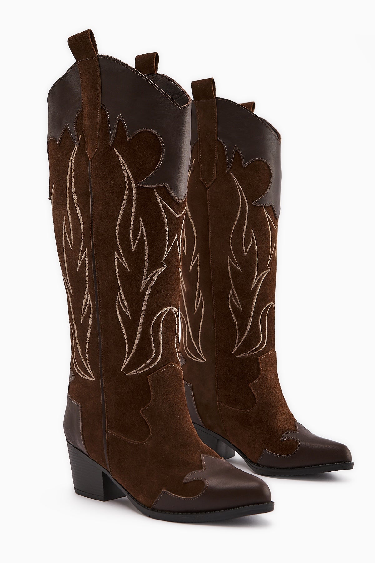 Lara – Genuine Leather Brown Suede-Embroidered Leather-Detail Heeled Western Knee-High Boot (Women)