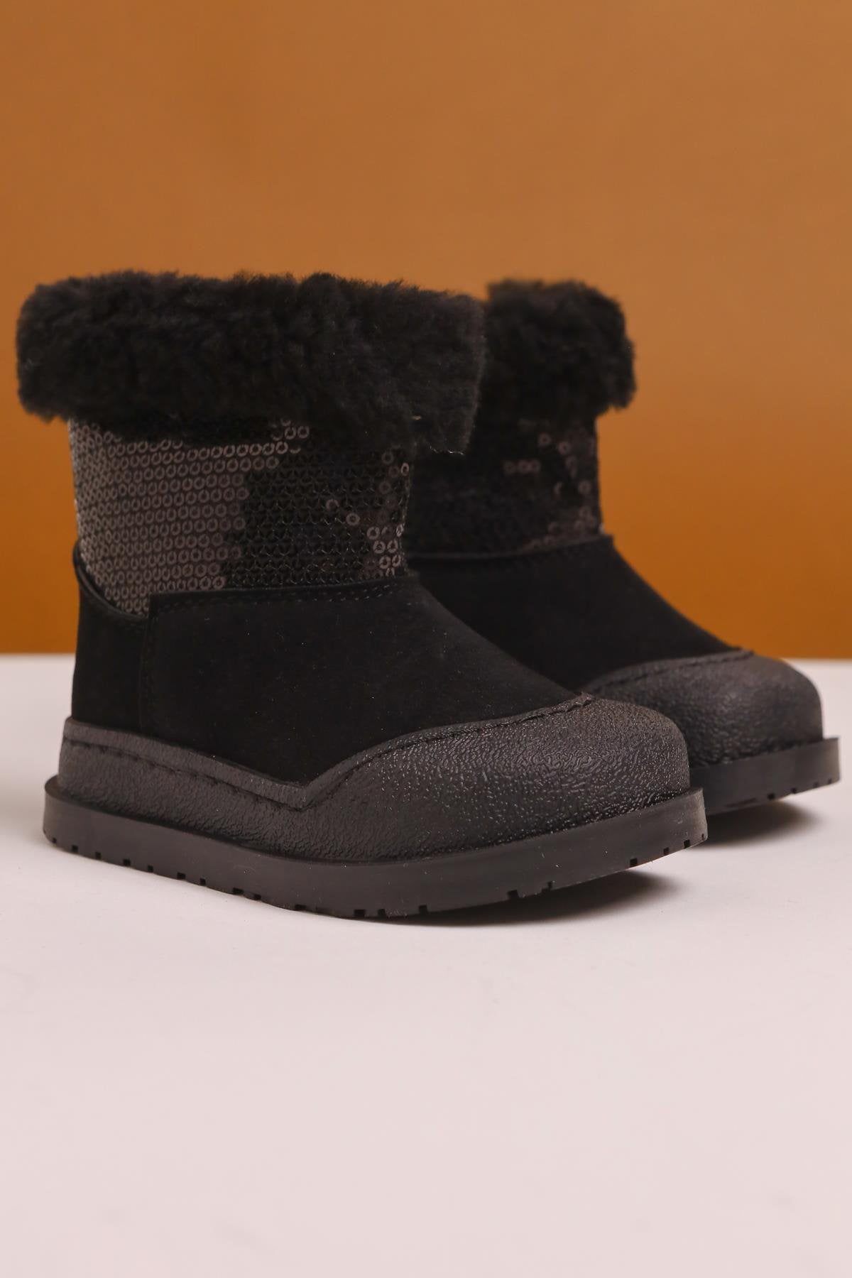 Eleen Black Sequined Fur-Lined Baby Boots