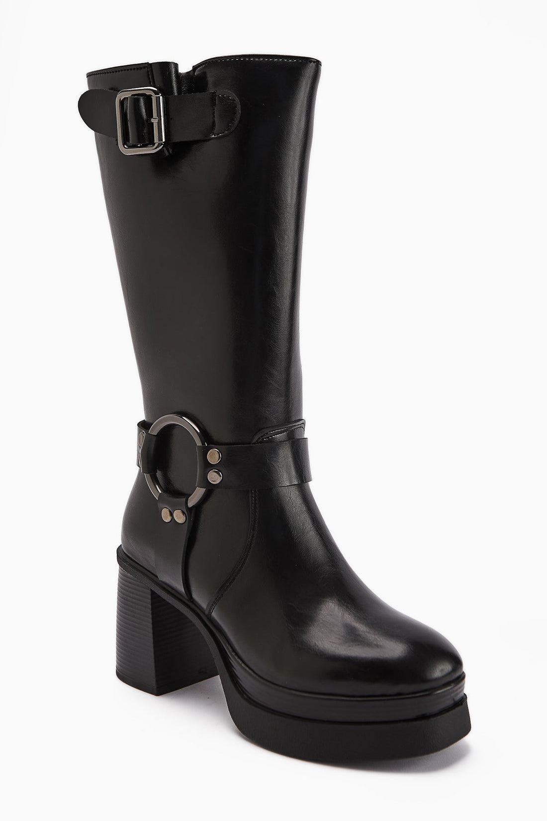 Beris – Black Buckle-Detail Platform Heeled Knee-High Boot (Women)