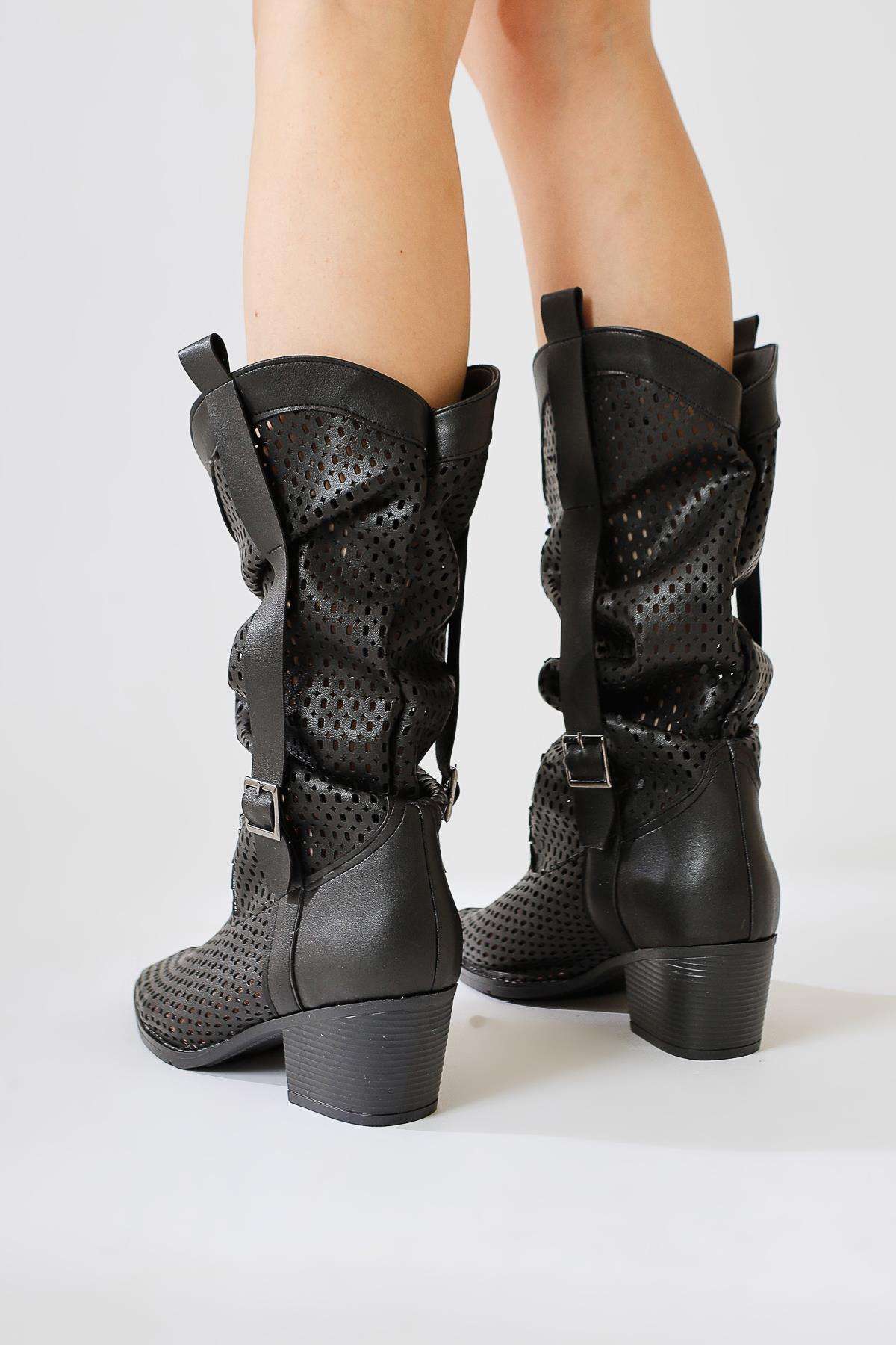 Orietta Black Laser Cut Pleated Summer Boots