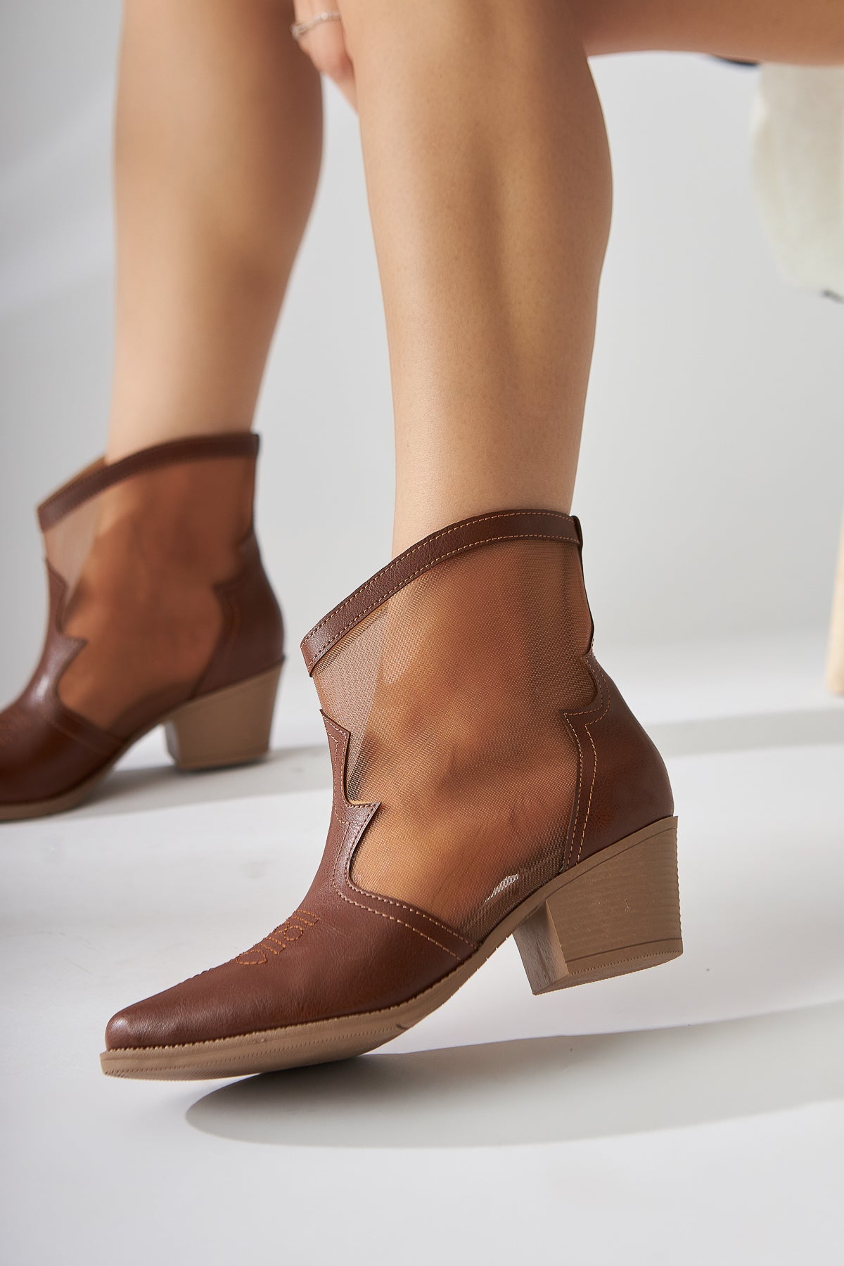 Sevala Tan Embroidered Transparent Detailed Women’s Boots