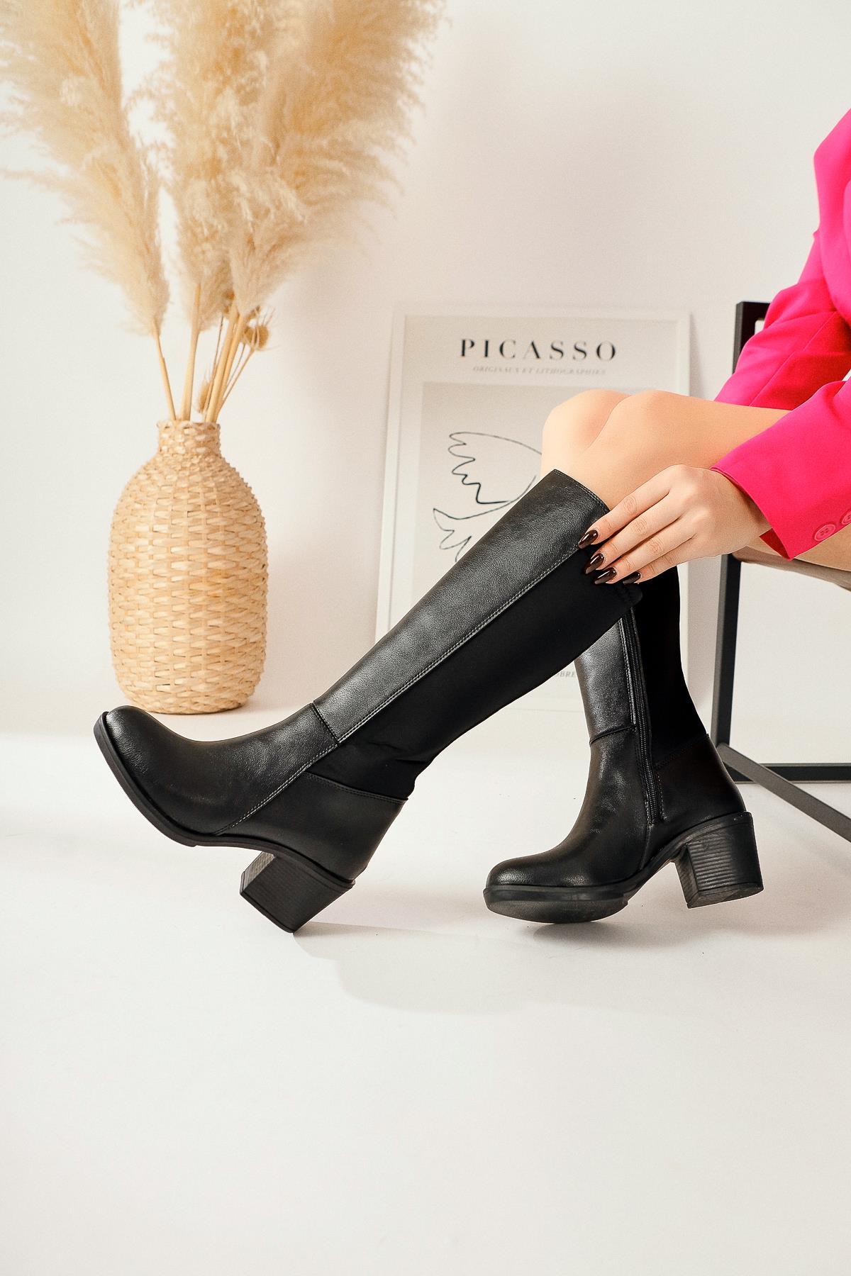 Sesen – Black Neoprene-Detail Flexible Shaft Knee-High Boot
