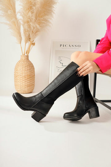 Sesen – Black Neoprene-Detail Flexible Shaft Knee-High Boot