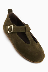 Danni Genuine Leather Green Suede Belted Women’s Ballet Flats