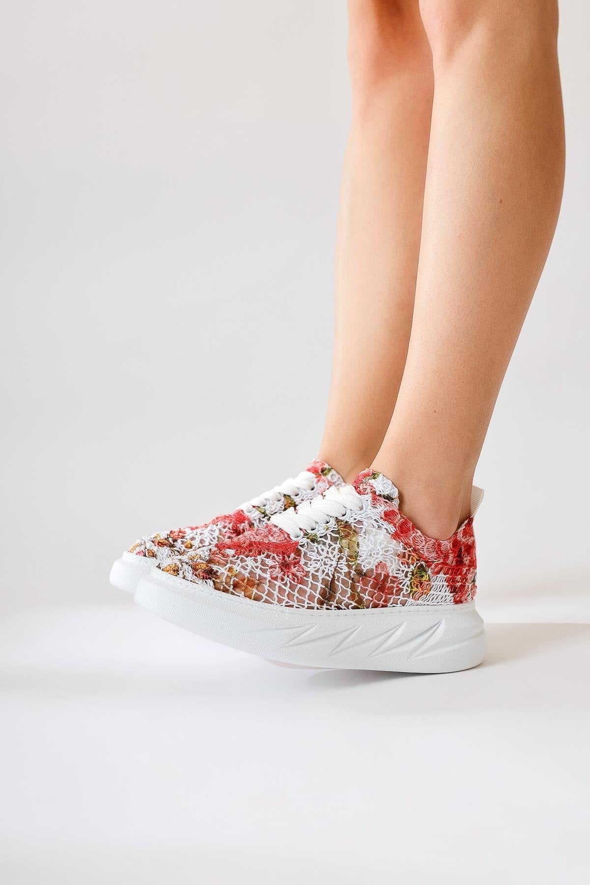 Biba Red Knit Pattern Printed Lace-Up Sneakers