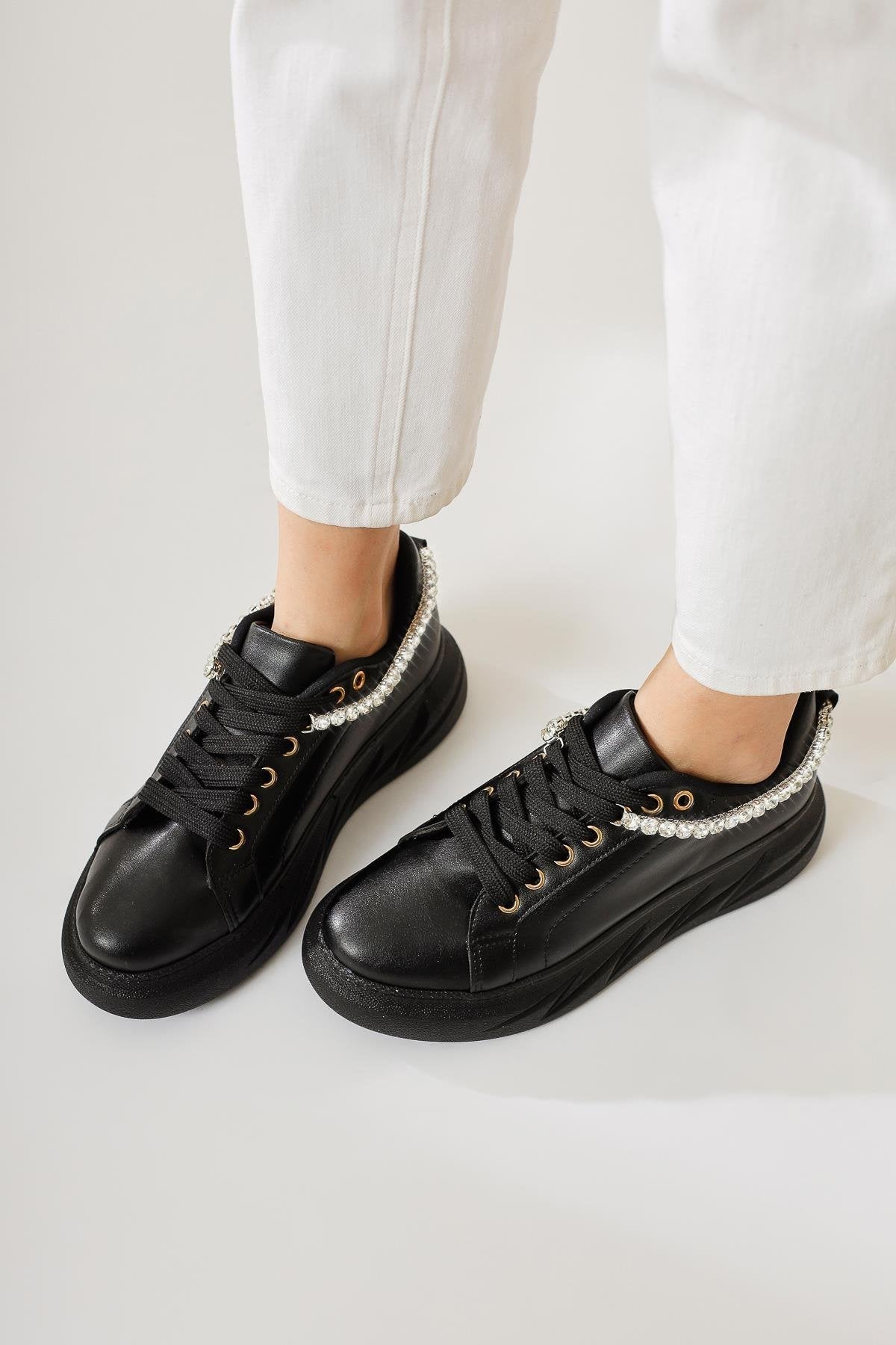 Simonne Black Diamond Stone Detailed Lace-Up Sneakers