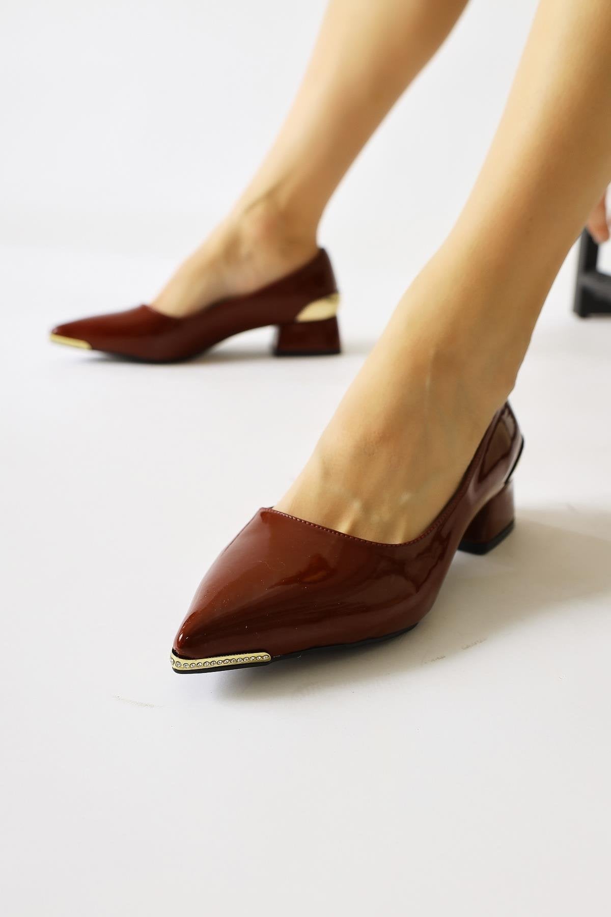 Alica Burgundy Patent Leather Pointed Toe Pumps with Gem Details