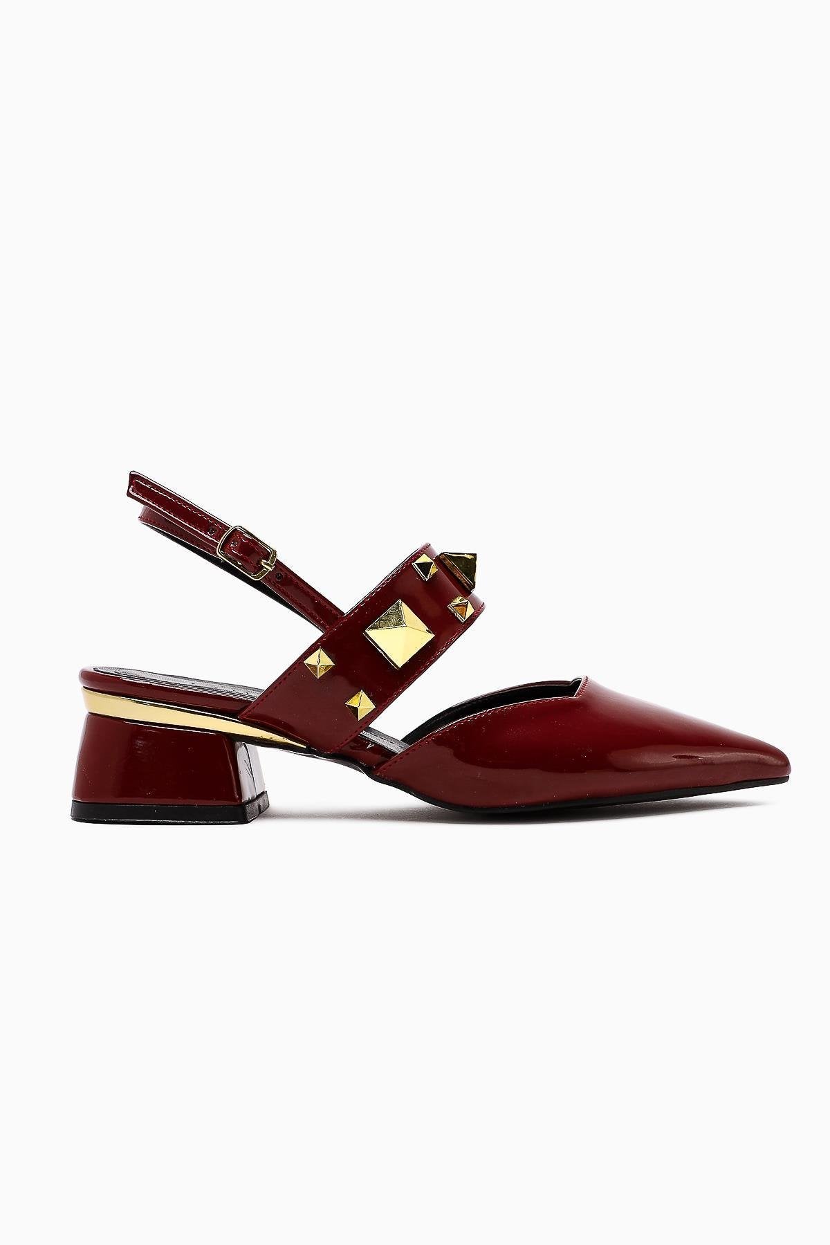 Nicoline Burgundy Patent Pointed Toe Pyramid Studded Women’s Heeled Shoes