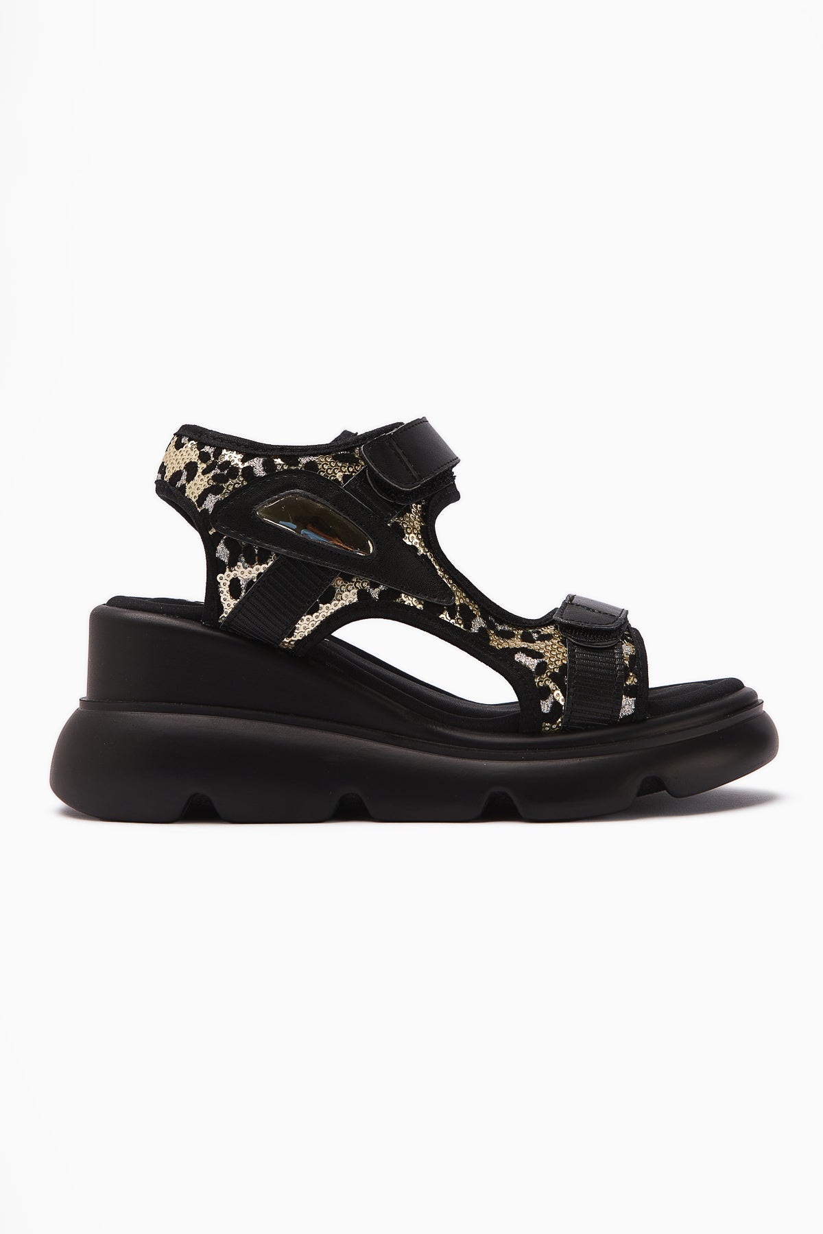 Anela – Black Wedge Velcro-Closure Sandal (Women)