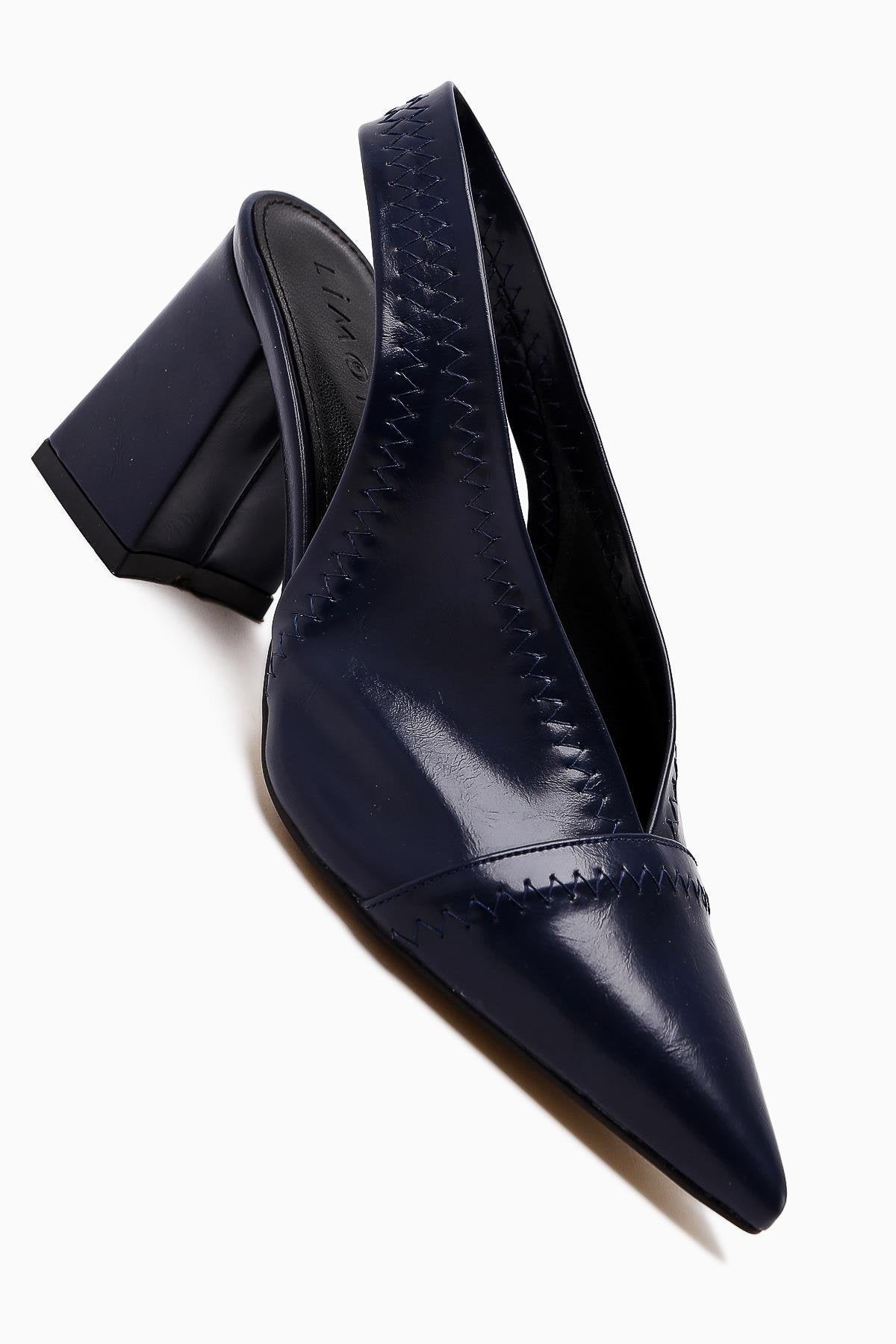 Essie Women's Navy Pointed Toe Elastic Stitch Detail Block Heel Shoes