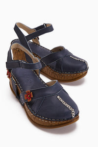 Genuine Leather Katlyn Flower Detailed Closed Toe Wedge Sandal