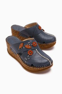 Genuine Leather Alto Dark Blue Wedge Slippers with Vintage Sole Comfort Slippers