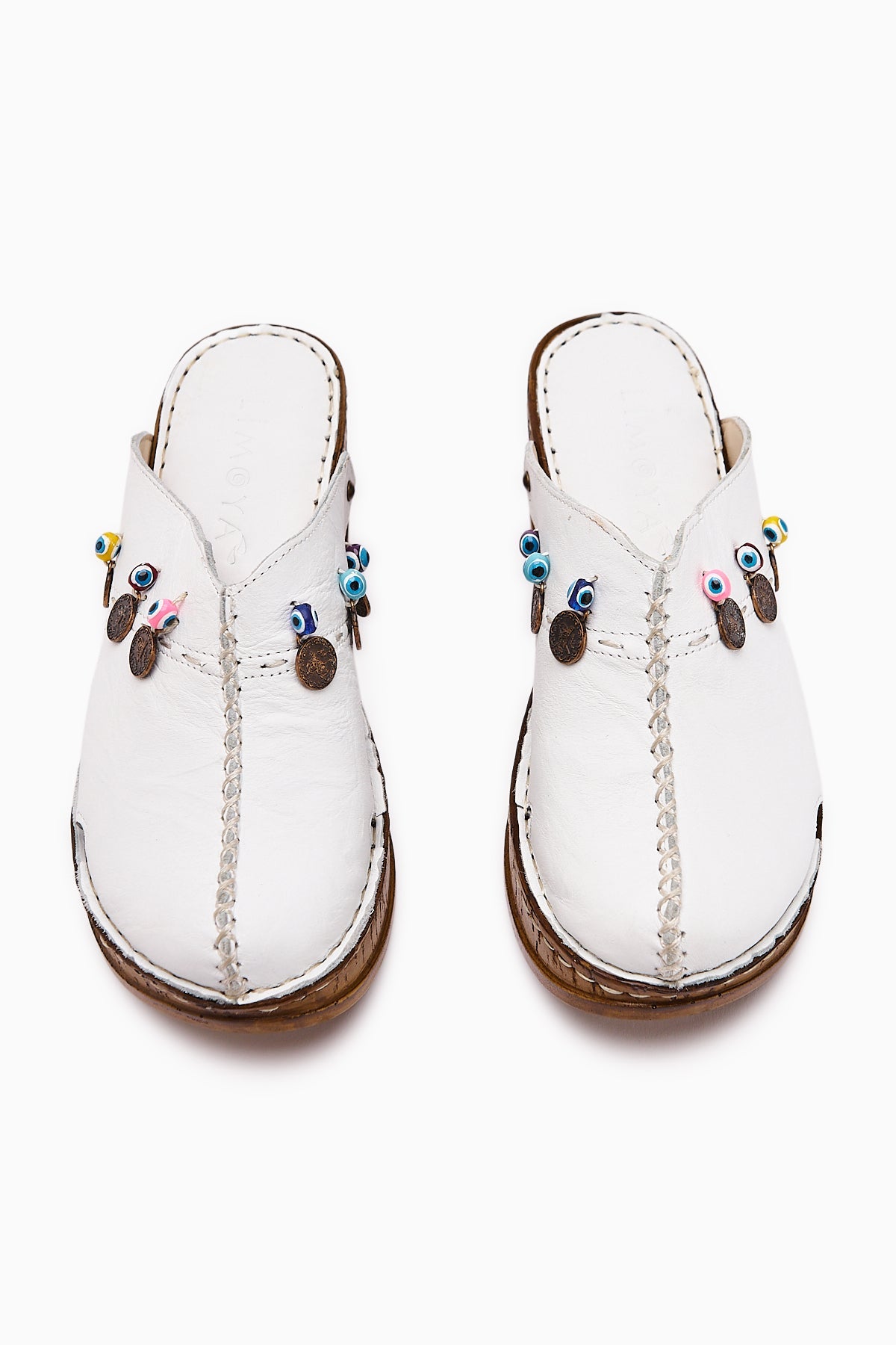 Annika Genuine Leather White Antique Detailed Wedge Mule Slippers