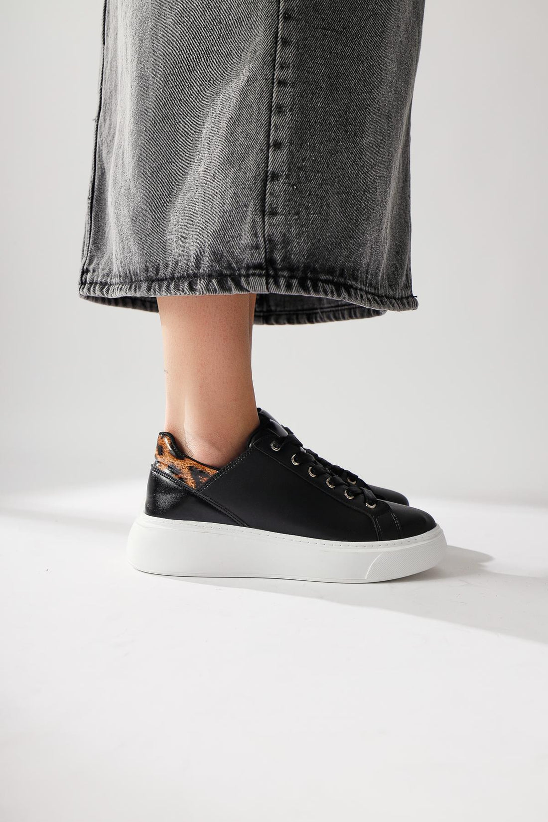 Tinka Black Thick Sole Leopard Detail Sneakers