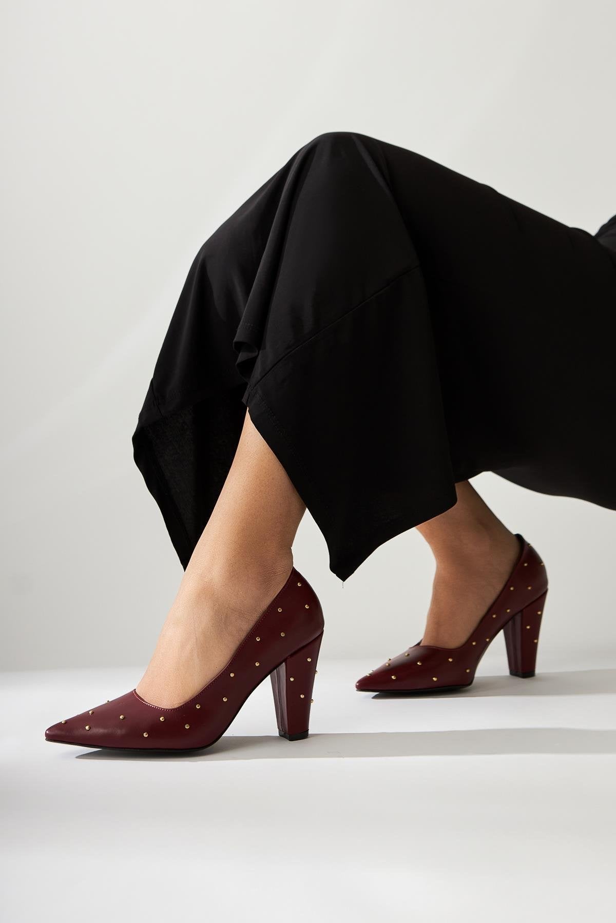 Audrey Burgundy Pointed Toe High Heel Shoes with Stud Detail