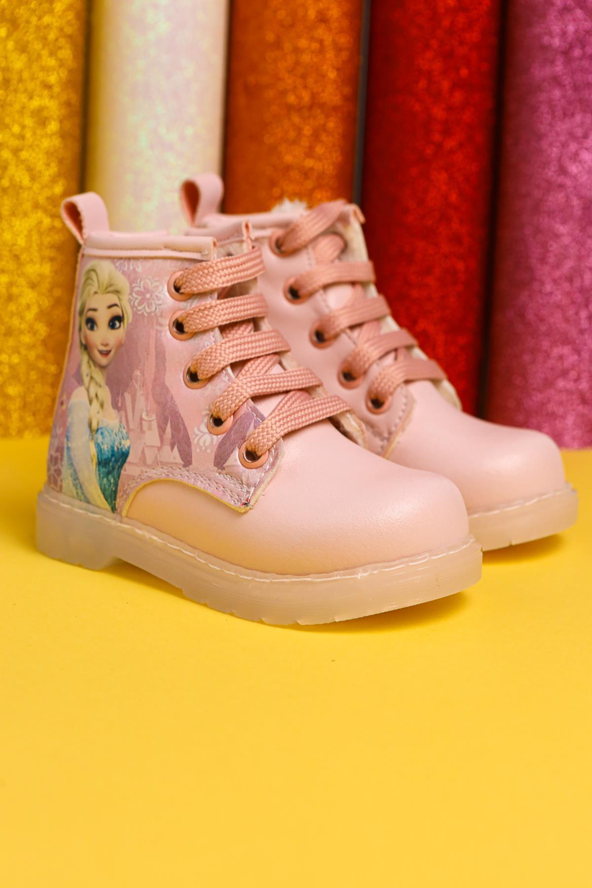 Ester Powder Pink Striped Character Print Lace-Up Light-Up Baby Boots