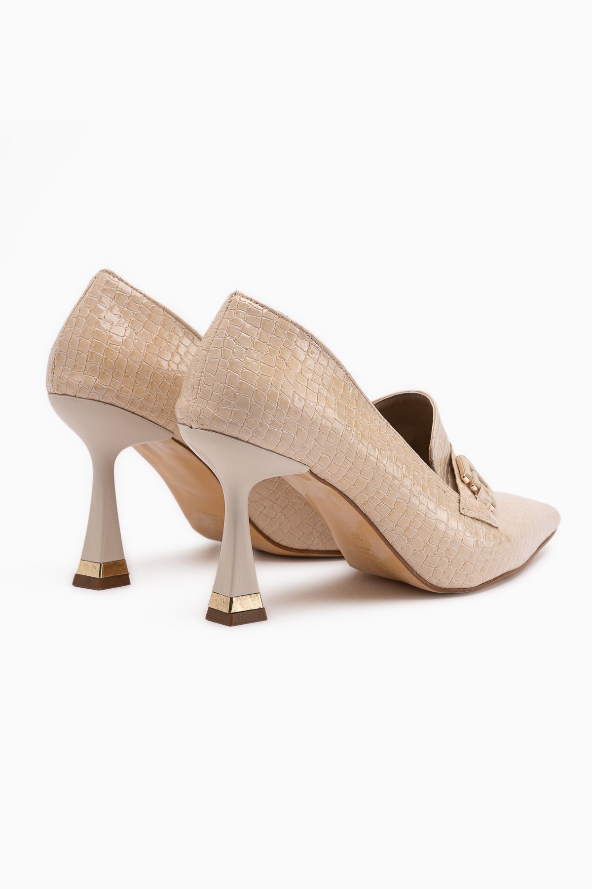 Stiliani Beige Crocodile Print Leather Buckle Detailed Women’s Heeled Shoes