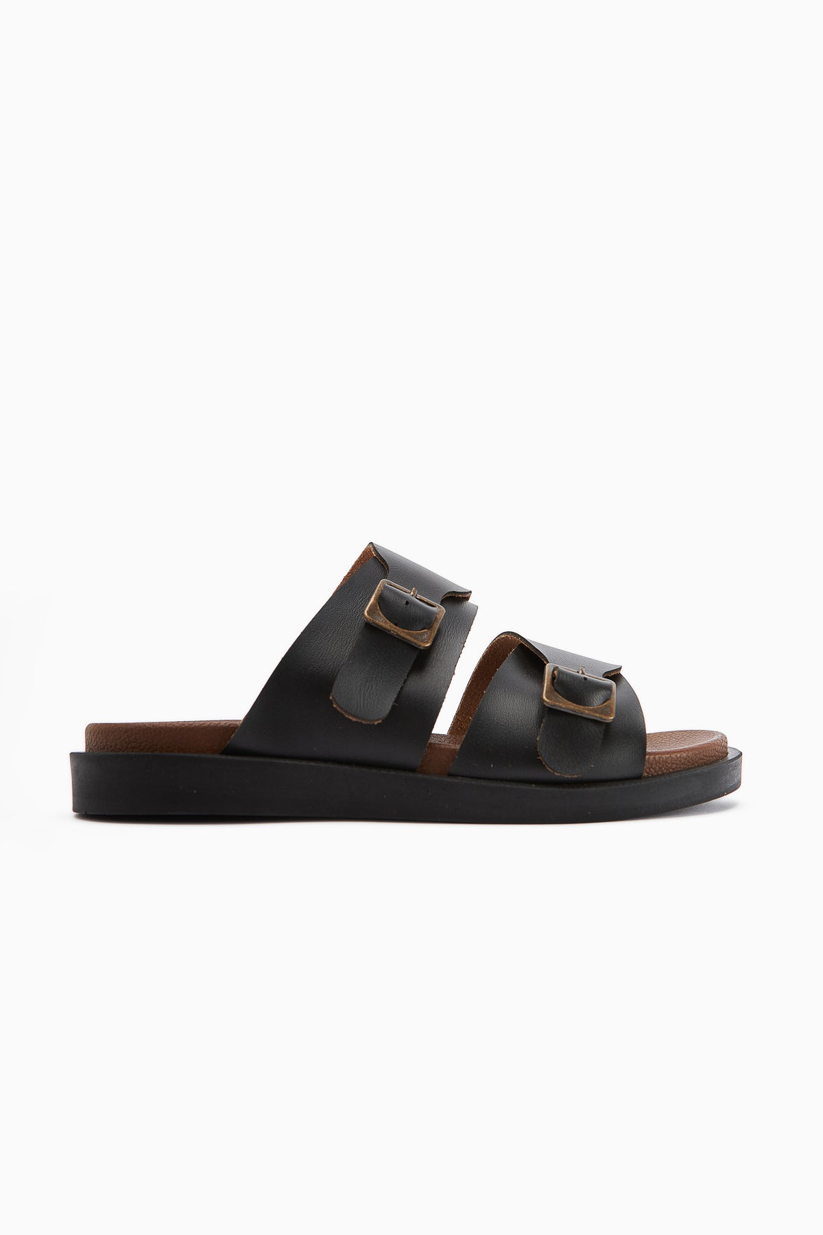 Soha – Black Leather-Look Double-Strap Flat Sole Slide (Women)