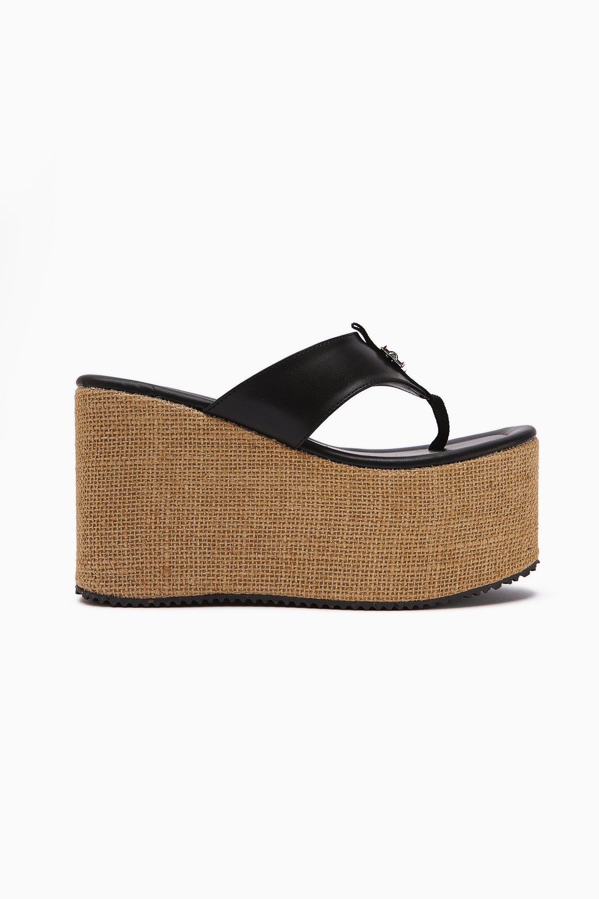 Tania Black Toe-Post Straw-Soled Wedge Women's Slippers