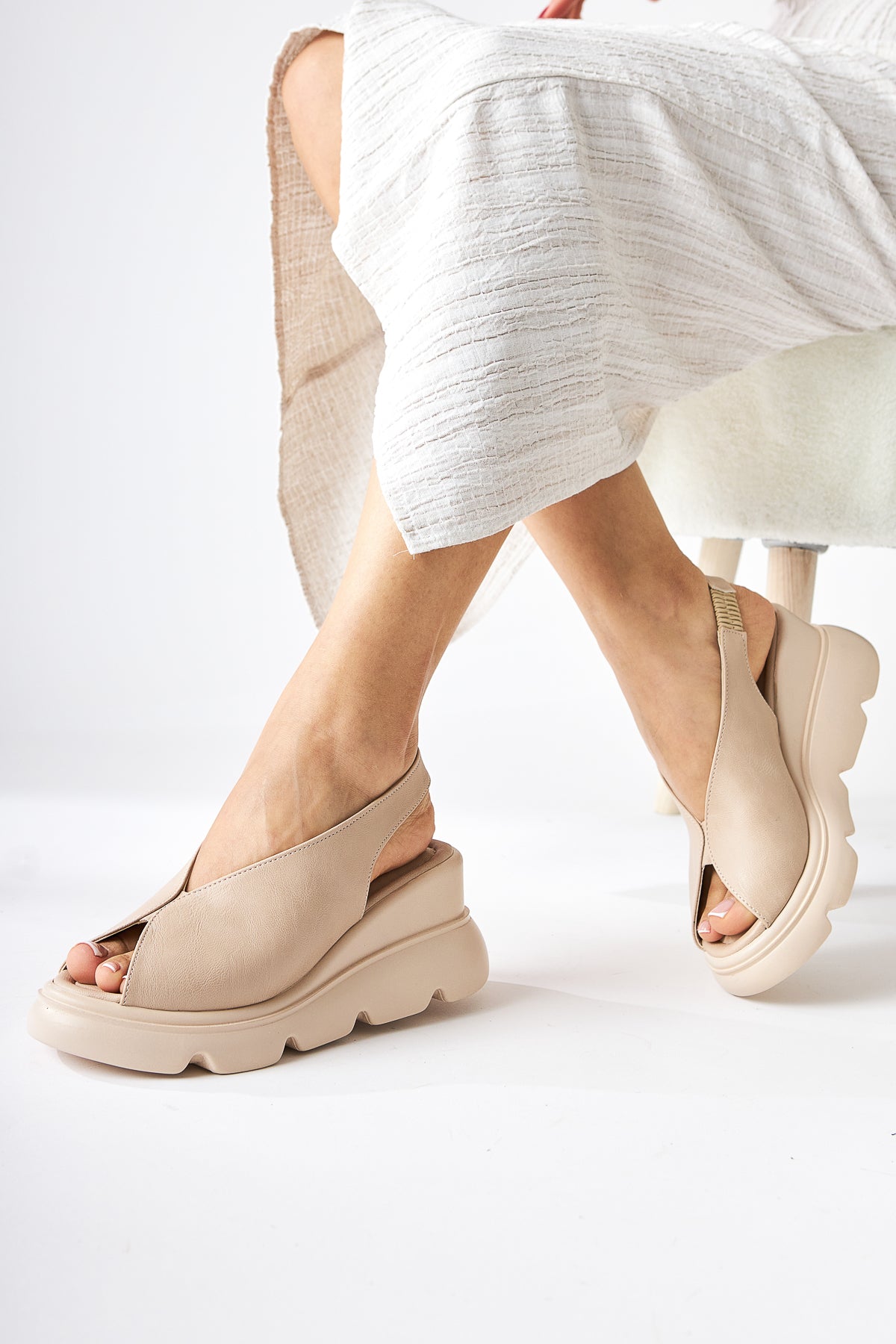 Tilda Beige Elastic Platform Heels Sandals