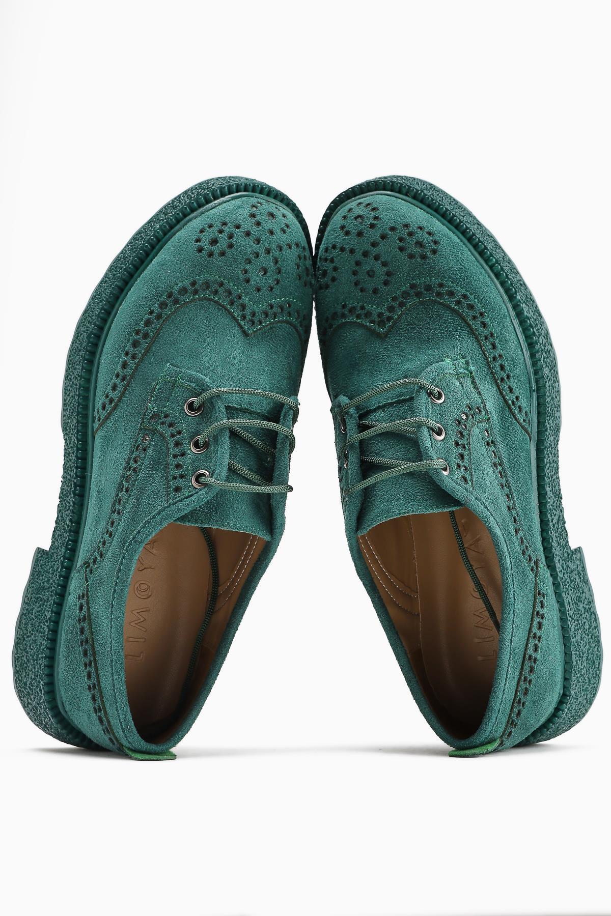 Rossy Green Suede Casual Shoes with Oval Toe and Laser Cut Detail