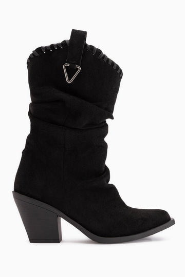 Reba Black Suede Pleated Thick Heeled Women’s Cowboy Boots