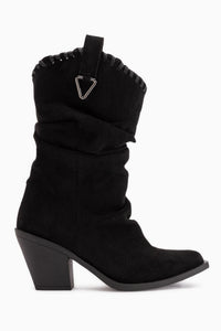 Reba Black Suede Pleated Thick Heeled Women’s Cowboy Boots