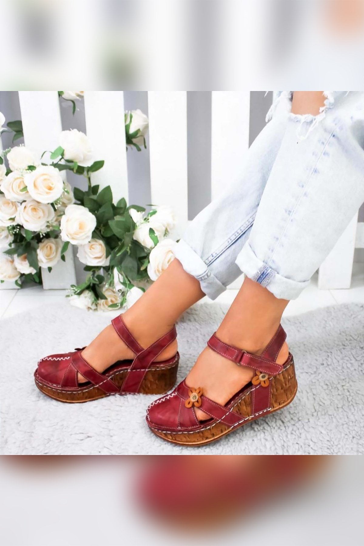 Katlyn Genuine Leather Burgundy Sandals with Floral Detail and Chunky Heel