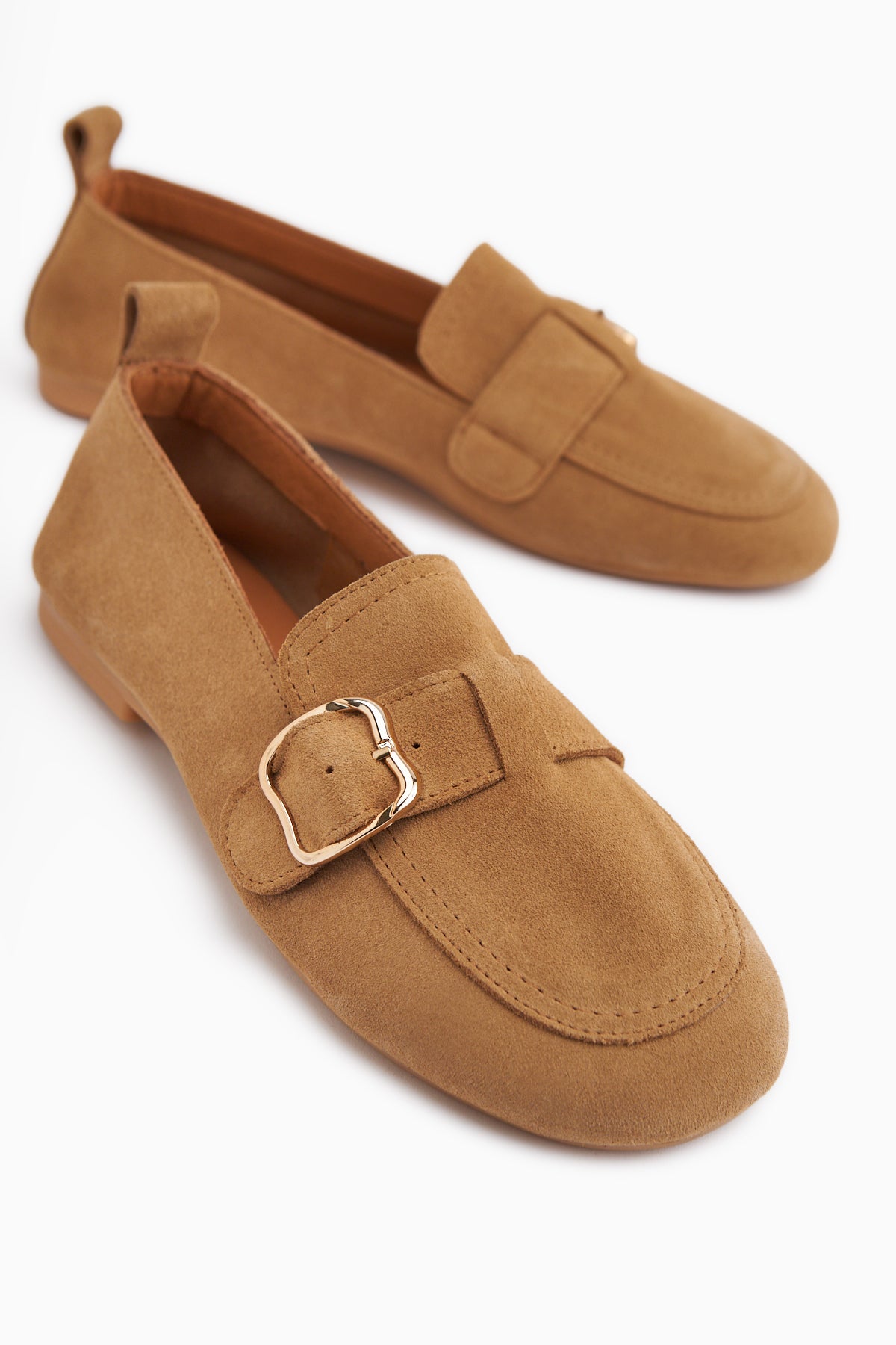 Oliva Genuine Leather Tan Buckled Women’s Ballet Flats