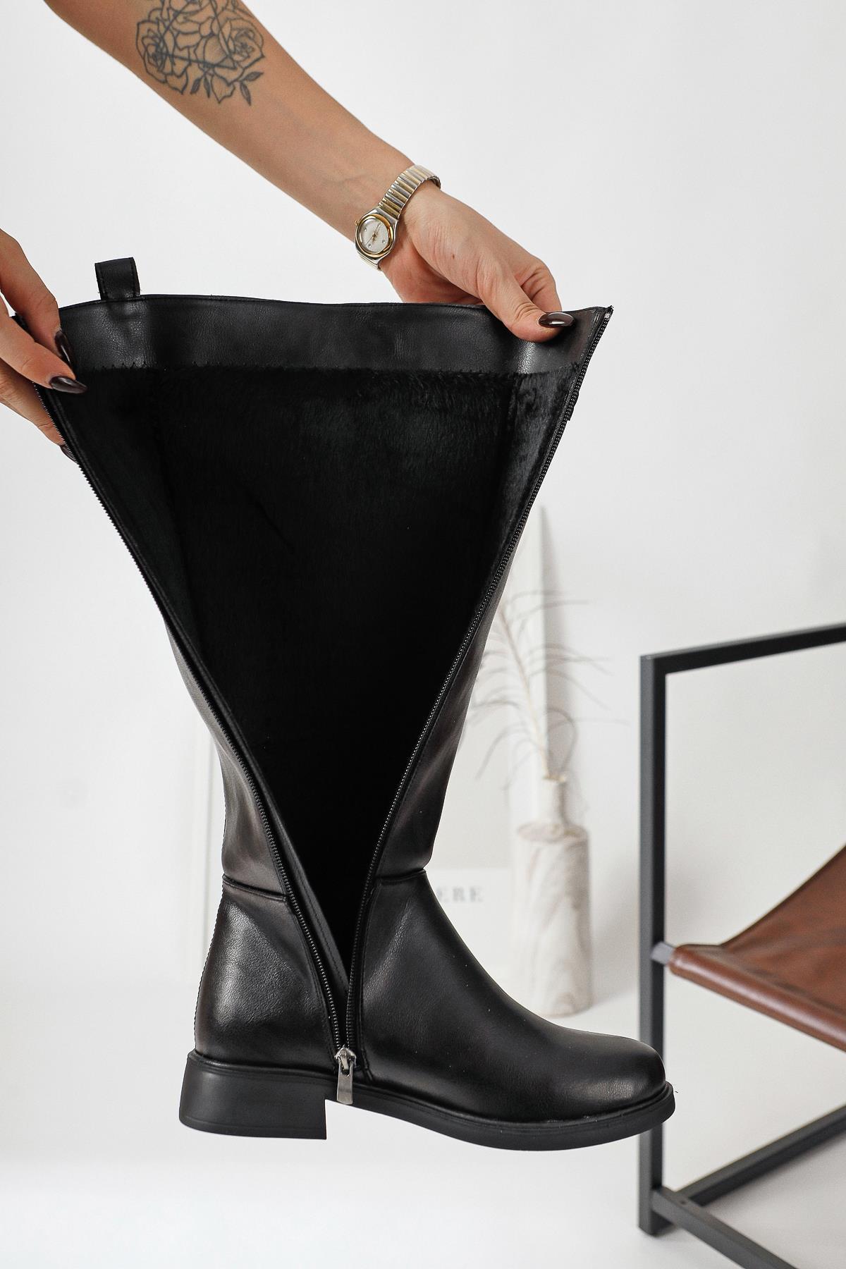 Kanako Black Accessorized Zip-Up Short Heel Boot