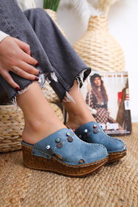 Annika Navy Antique Detail Chunky Sabo Slipper