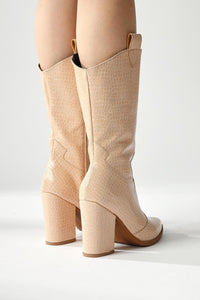 Keri Beige Crocodile Asymmetric Cut Heeled Ankle Boot