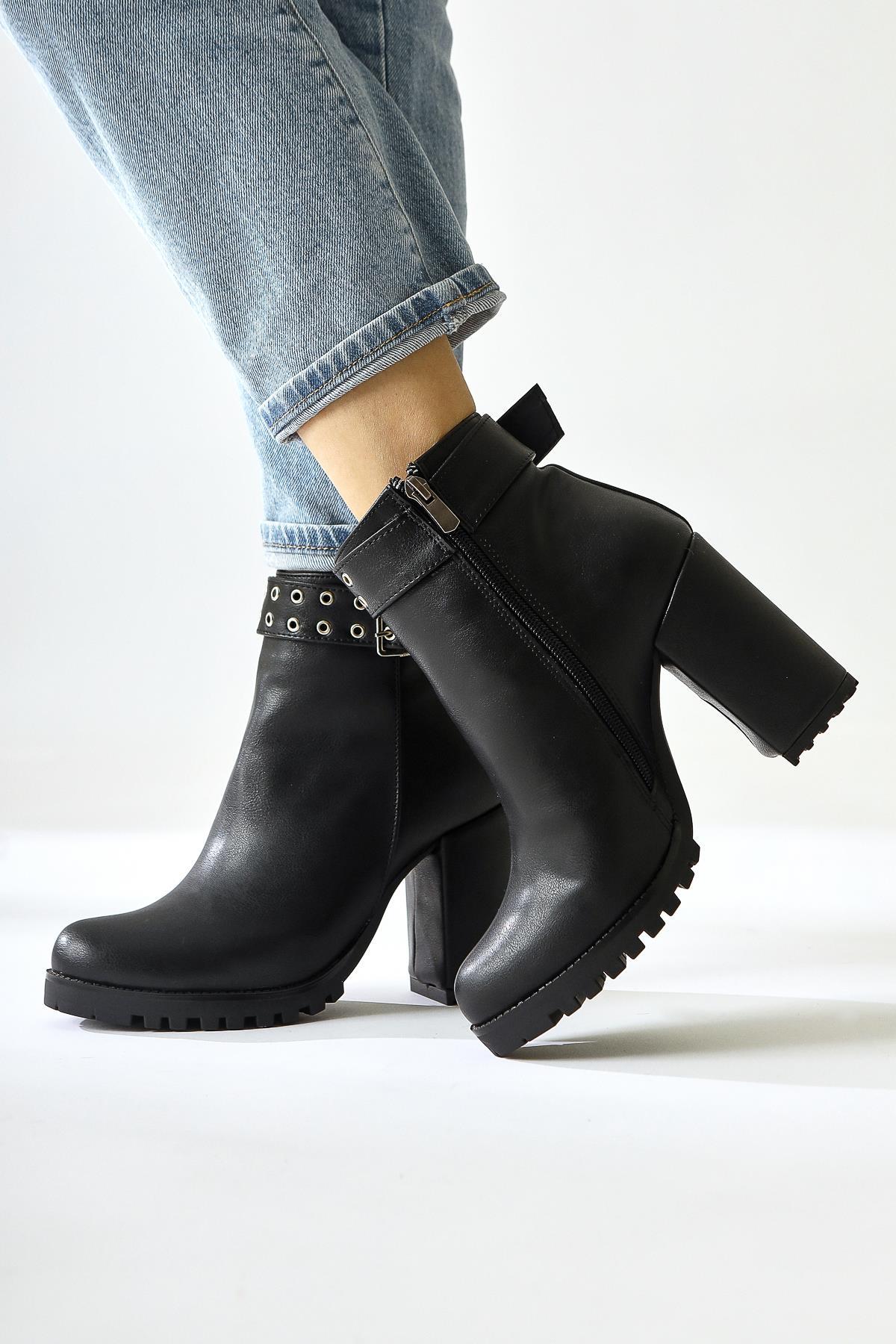 Jonny – Black Leather-Look Buckle-Detail Oval-Toe Zippered Boot (Women)